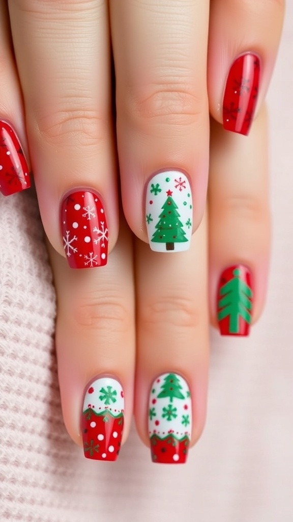 Christmas nail designs on short nails with red and green polish featuring festive patterns.